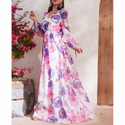 Womens Long Sleeves White and Purple Floral-Printed Maxi Dress