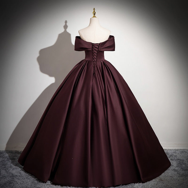 Wine Red Off Shoulder Ball Gown | Satin Prom & Wedding Guest Dress for Formal Events