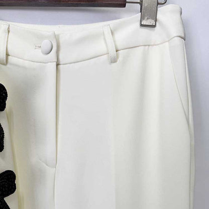 White Blazer Formal Set Black Bow Cut-Out Sleeves Flared Leg Pantsuit