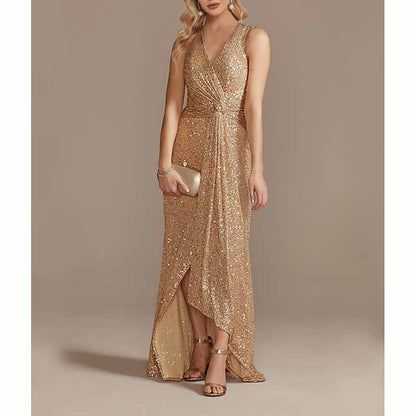 Womens V Neck Sequin Evening Formal Dress Sleeveless Maxi Plus Size Prom Dress