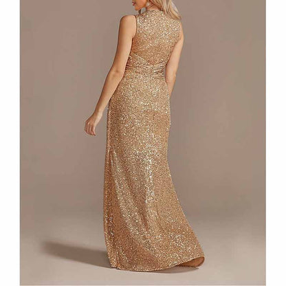 Womens V Neck Sequin Evening Formal Dress Sleeveless Maxi Plus Size Prom Dress