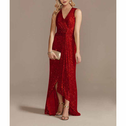 Womens V Neck Sequin Evening Formal Dress Sleeveless Maxi Plus Size Prom Dress