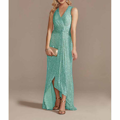 Womens V Neck Sequin Evening Formal Dress Sleeveless Maxi Plus Size Prom Dress