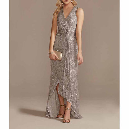 Womens V Neck Sequin Evening Formal Dress Sleeveless Maxi Plus Size Prom Dress