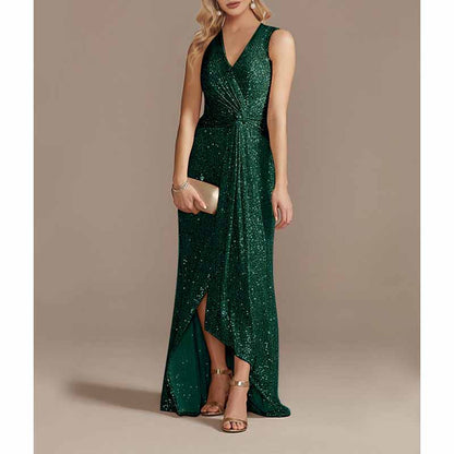 Womens V Neck Sequin Evening Formal Dress Sleeveless Maxi Plus Size Prom Dress