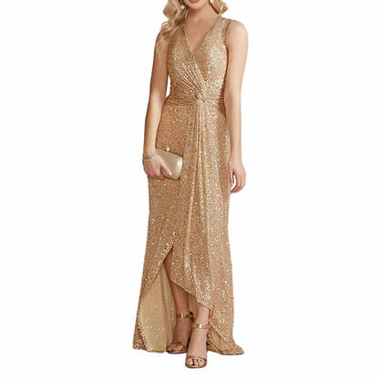 Womens V Neck Sequin Evening Formal Dress Sleeveless Maxi Plus Size Prom Dress