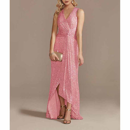 Womens V Neck Sequin Evening Formal Dress Sleeveless Maxi Plus Size Prom Dress