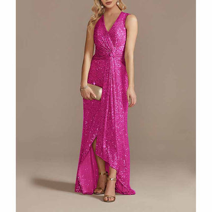 Womens V Neck Sequin Evening Formal Dress Sleeveless Maxi Plus Size Prom Dress