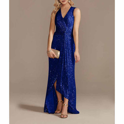 Womens V Neck Sequin Evening Formal Dress Sleeveless Maxi Plus Size Prom Dress