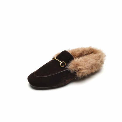 Ladies flat heeled winter shoes lined with rabbit fur slippers