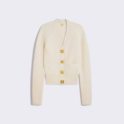 Women's V Neck Knitted Cardigan with Gold Buttons – Cozy Fashion Knit Top