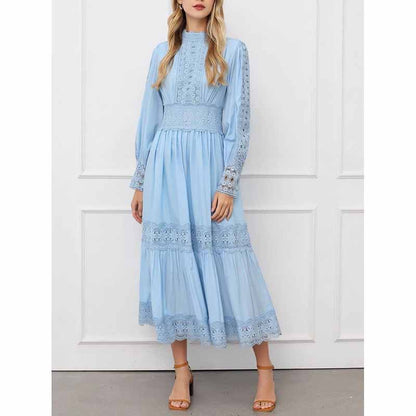 White Maxi Dress Standard Collar Lace Lantern Sleeved Long Dress