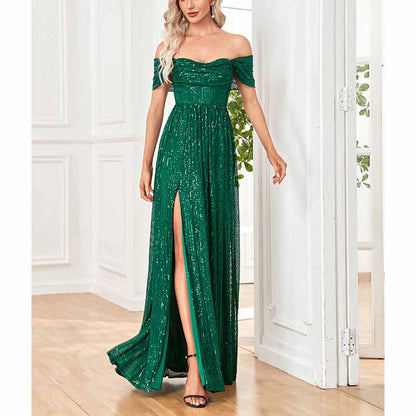 Women's Off Shoulder High Split Sequined Evening Party Maxi Dress for Prom