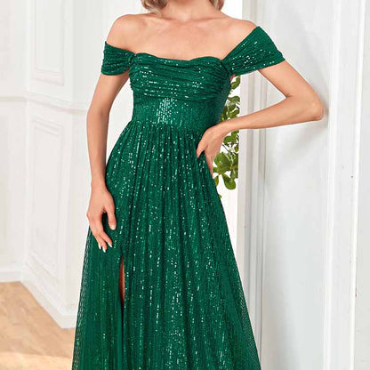 Women's Off Shoulder High Split Sequined Evening Party Maxi Dress for Prom