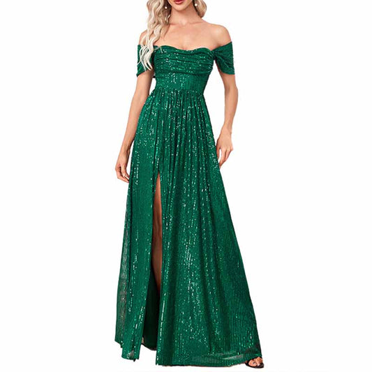 Women's Off Shoulder High Split Sequined Evening Party Maxi Dress for Prom