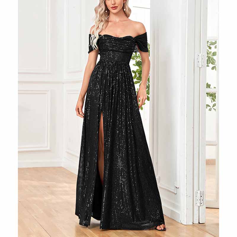Women's Off Shoulder High Split Sequined Evening Party Maxi Dress for Prom
