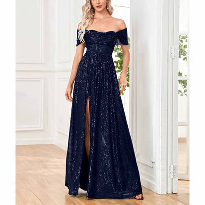 Women's Off Shoulder High Split Sequined Evening Party Maxi Dress for Prom