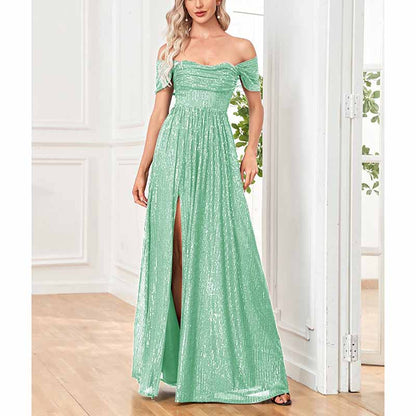 Women's Off Shoulder High Split Sequined Evening Party Maxi Dress for Prom