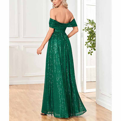 Women's Off Shoulder High Split Sequined Evening Party Maxi Dress for Prom