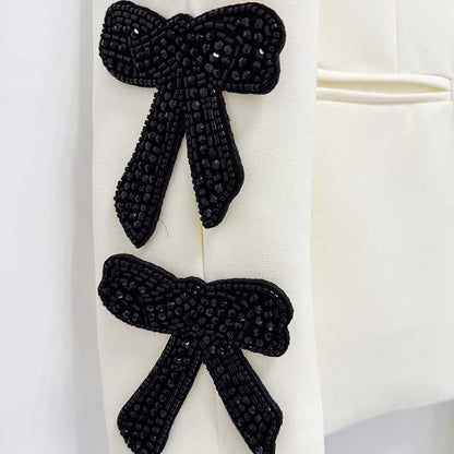 White Blazer Formal Set Black Bow Cut-Out Sleeves Flared Leg Pantsuit