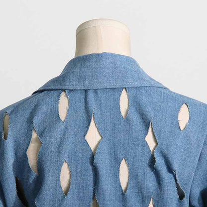 Women's Hollowed tassel long denim jacket fashion coat