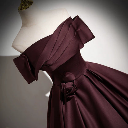 Wine Red Off Shoulder Ball Gown | Satin Prom & Wedding Guest Dress for Formal Events