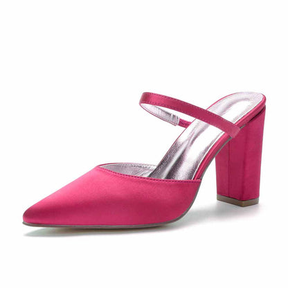 Women hand-made chunky heels party satin slippers