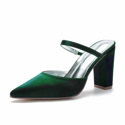Women hand-made chunky heels party satin slippers