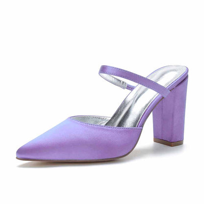 Women hand-made chunky heels party satin slippers