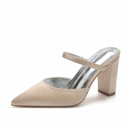 Women hand-made chunky heels party satin slippers
