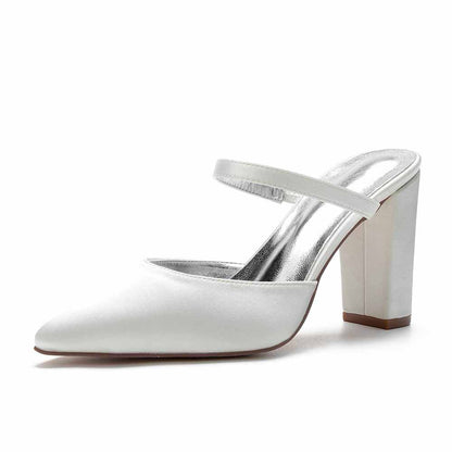 Women hand-made chunky heels party satin slippers