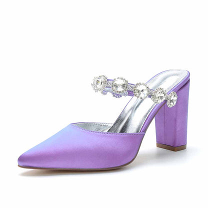 Women hand-made chunky heels party satin slippers