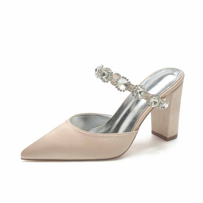 Women hand-made chunky heels party satin slippers