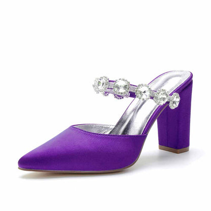 Women hand-made chunky heels party satin slippers