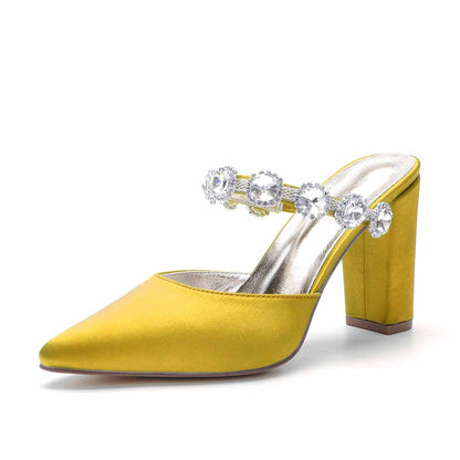 Women hand-made chunky heels party satin slippers