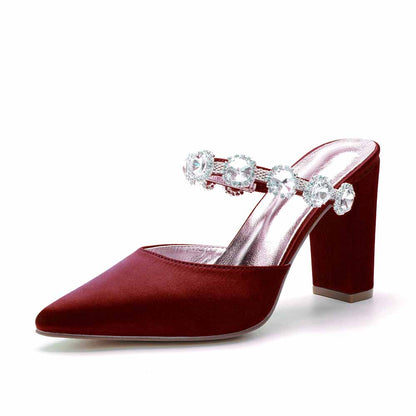 Women hand-made chunky heels party satin slippers
