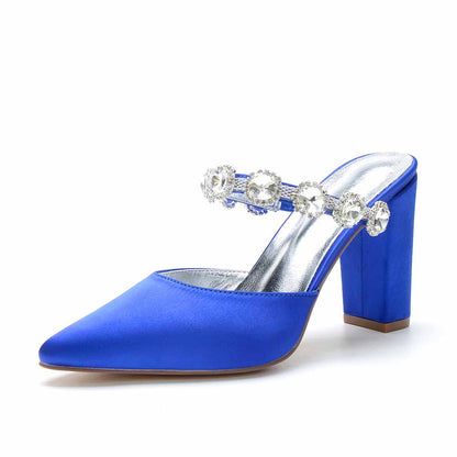 Women hand-made chunky heels party satin slippers