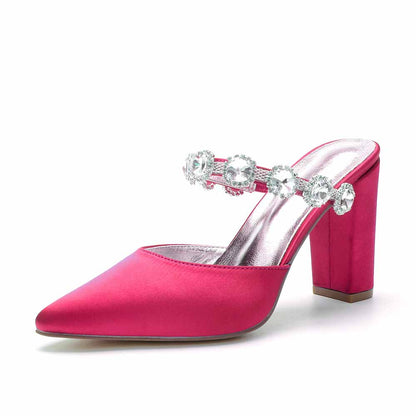 Women hand-made chunky heels party satin slippers