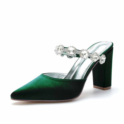 Women hand-made chunky heels party satin slippers