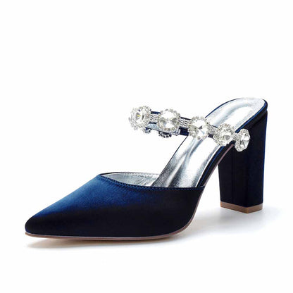 Women hand-made chunky heels party satin slippers