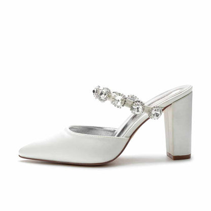 Women hand-made chunky heels party satin slippers