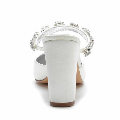 Women hand-made chunky heels party satin slippers