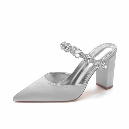 Women hand-made chunky heels party satin slippers