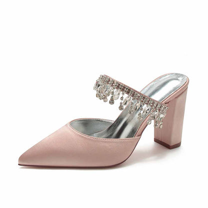 Women hand-made chunky heels party satin slippers with rhinestones