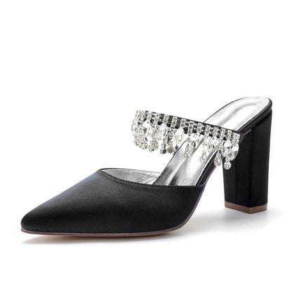 Women hand-made chunky heels party satin slippers with rhinestones