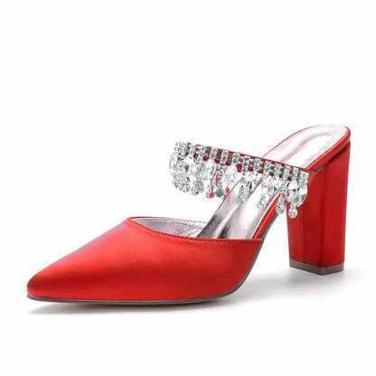 Women hand-made chunky heels party satin slippers with rhinestones