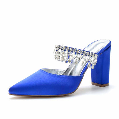 Women hand-made chunky heels party satin slippers with rhinestones