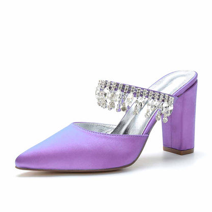 Women hand-made chunky heels party satin slippers with rhinestones