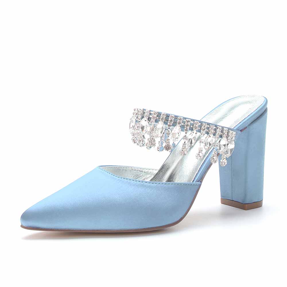 Women hand-made chunky heels party satin slippers with rhinestones