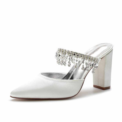 Women hand-made chunky heels party satin slippers with rhinestones